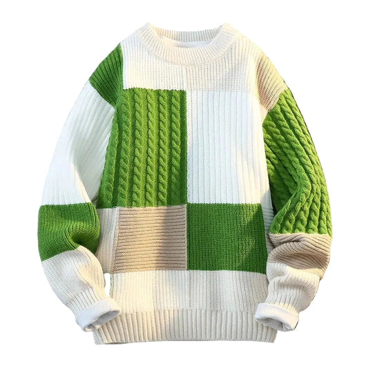 Men's thick knit plaid sweater with bold patchwork texture
