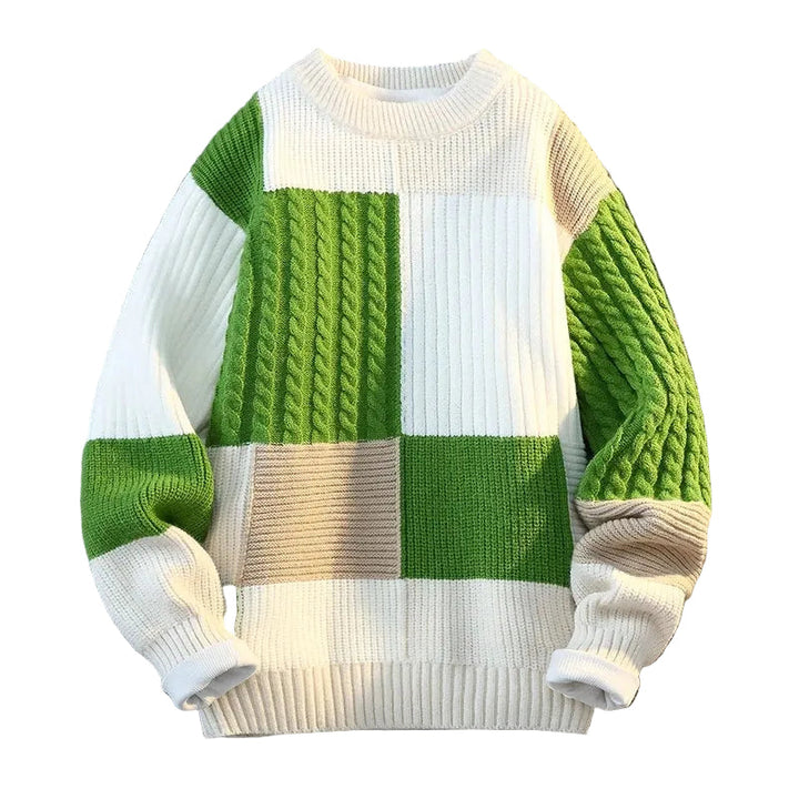 Men's thick knit plaid sweater with bold patchwork texture