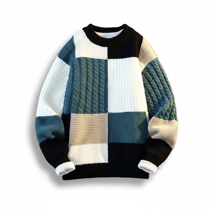 Men's Thick Knit Sweater | Bold Plaid Patchwork Design for Winter Style 1
