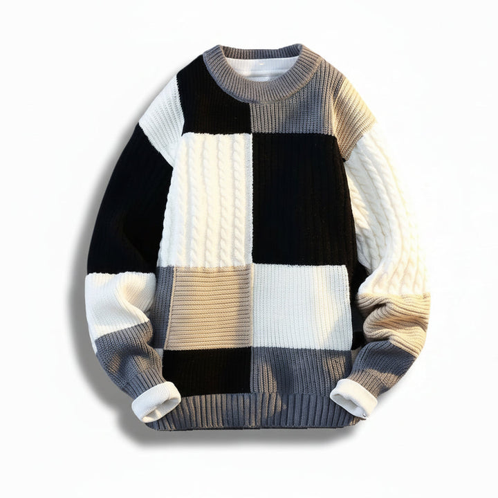 Men's Thick Knit Sweater | Bold Plaid Patchwork Design for Winter Style 2