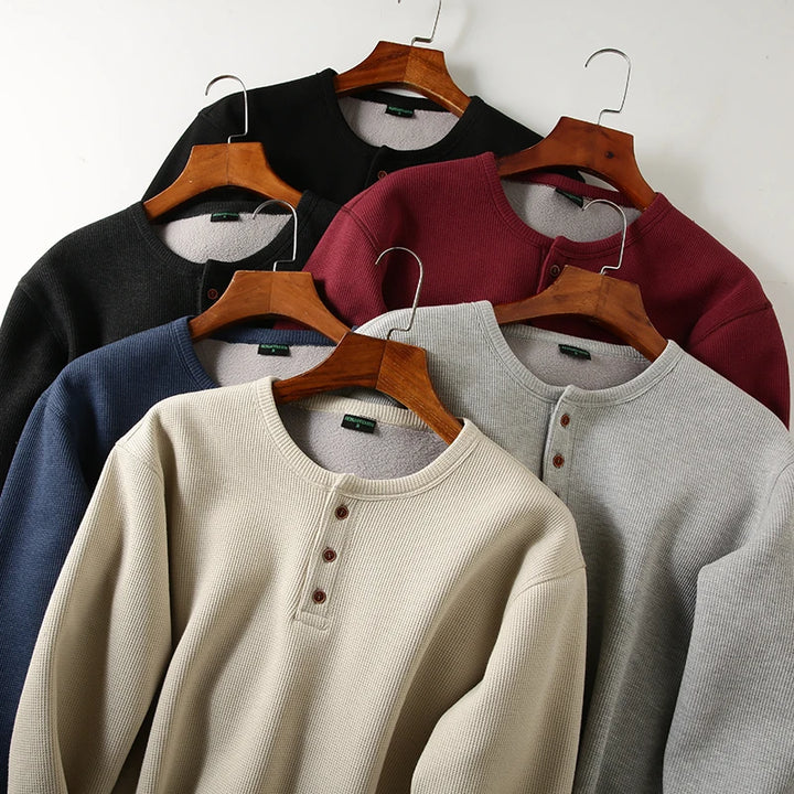 Men's velvet Henley shirt with thickened winter texture