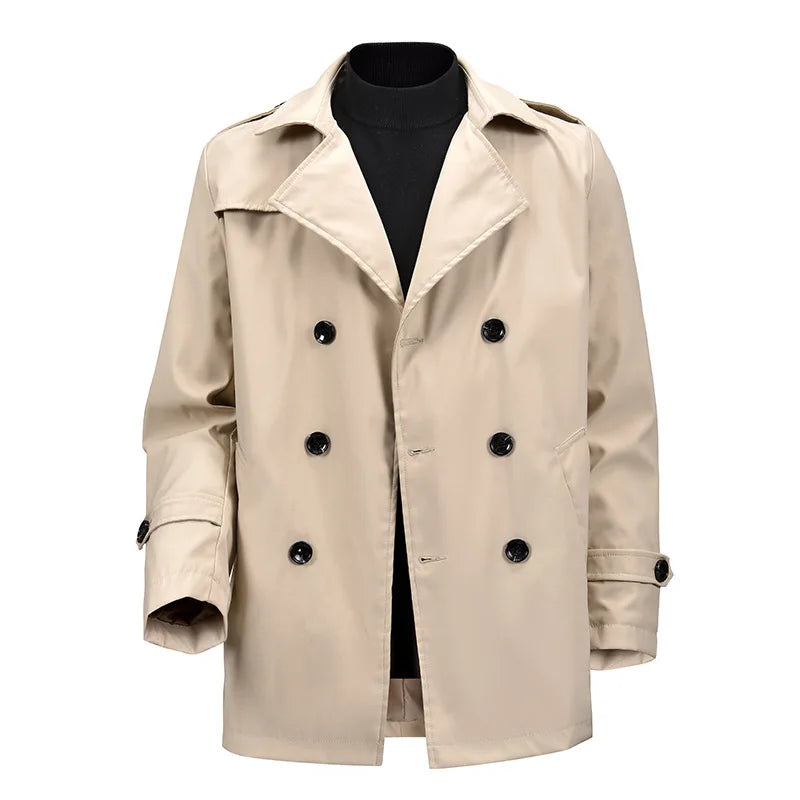 Men's double-breasted windbreaker jacket with structured retro coat profile