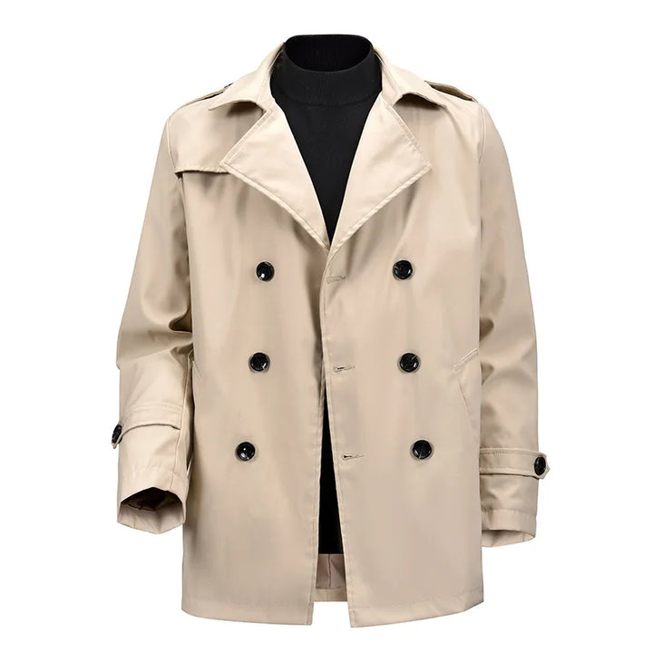Men's double-breasted windbreaker jacket with structured retro coat profile