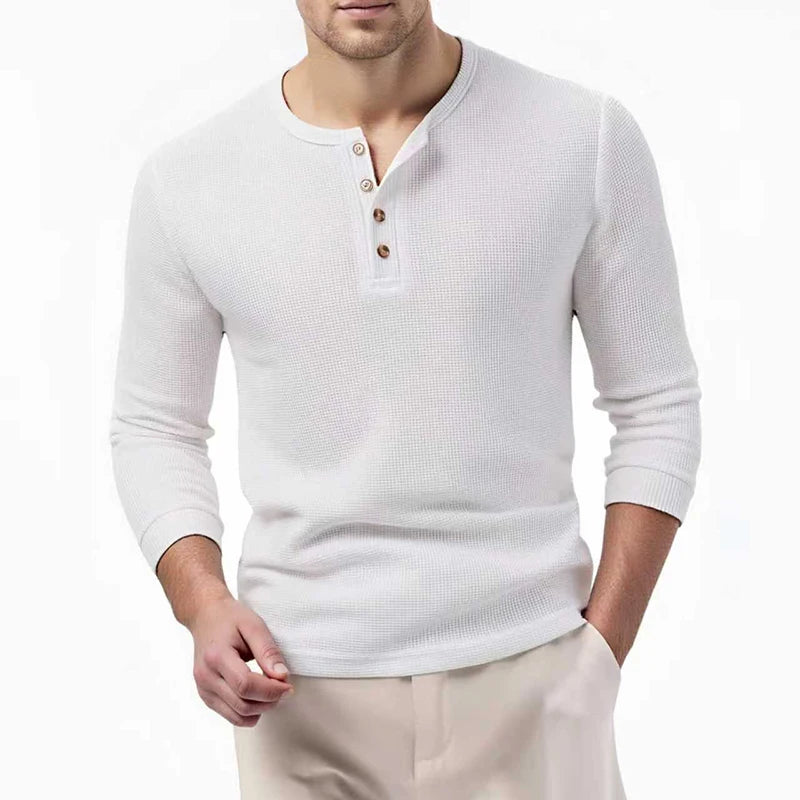 Men's waffle Henley T-shirt with breathable long sleeves