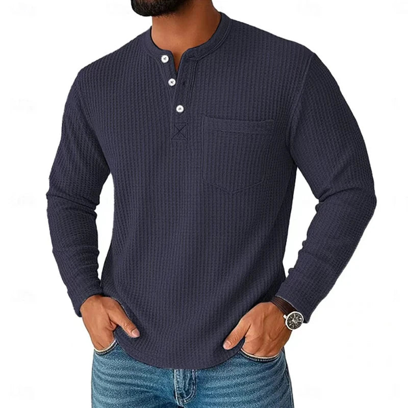 Men's waffle knit Henley T-shirt with buttoned neckline
