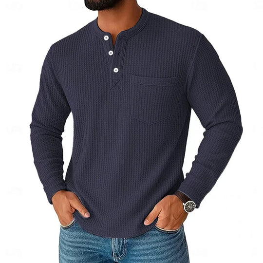 Men's waffle knit Henley T-shirt with buttoned neckline