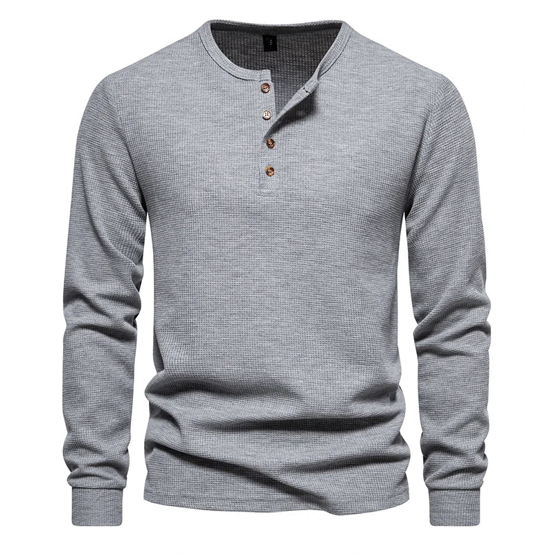 Men's waffle knit Henley shirt with long sleeves