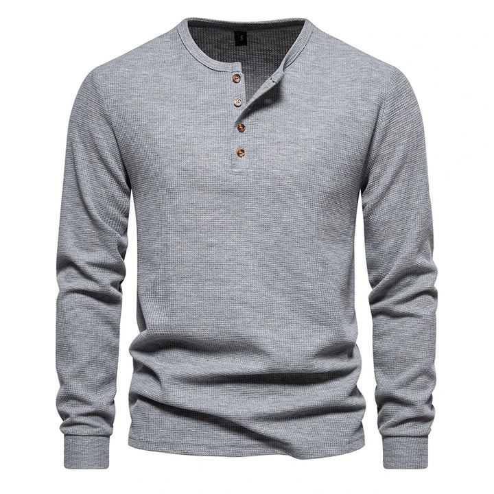 Men's waffle knit Henley shirt with long sleeves