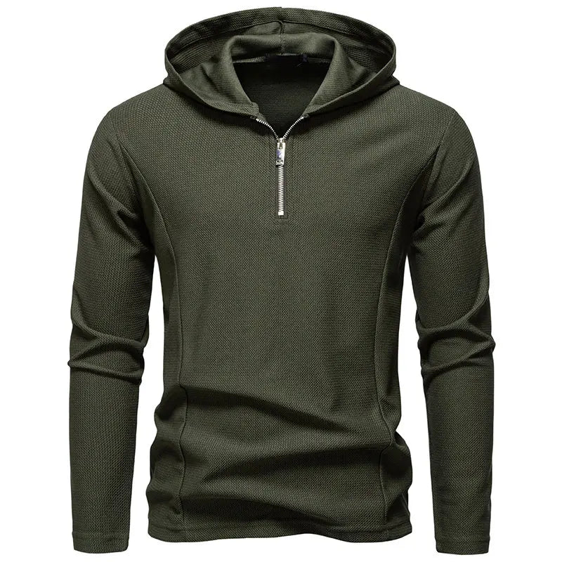Men's waffle hooded long sleeve T-shirt with zipper collar