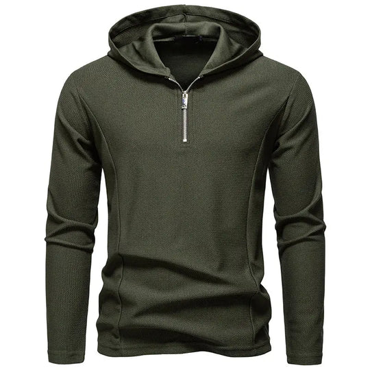 Men's waffle hooded long sleeve T-shirt with zipper collar