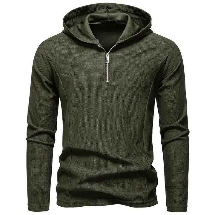 Men's waffle hooded long sleeve T-shirt with zipper collar