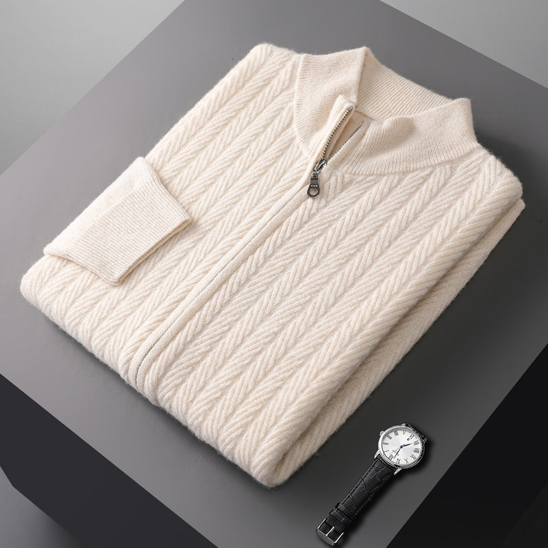 Men's wool knit full-zip sweater with stand collar texture