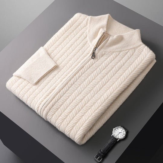 Men's wool knit full-zip sweater with stand collar texture
