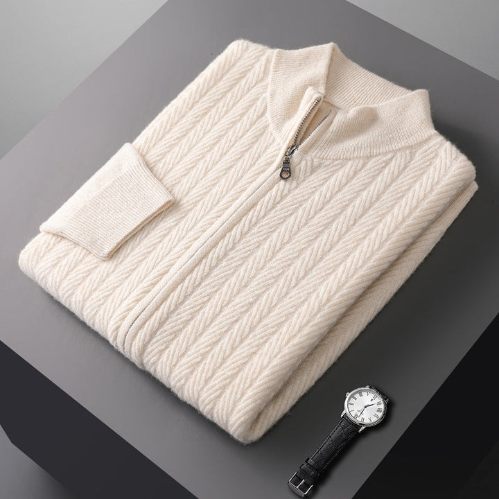 Men's wool knit full-zip sweater with stand collar texture