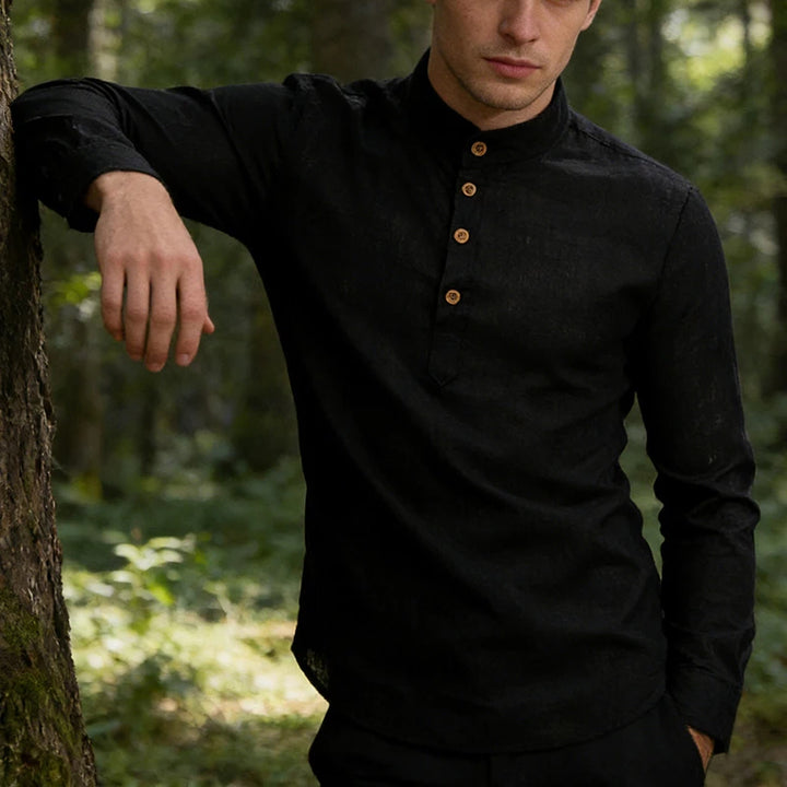 Modern Slim-Fit Cotton Shirt with Stand-Up Collar