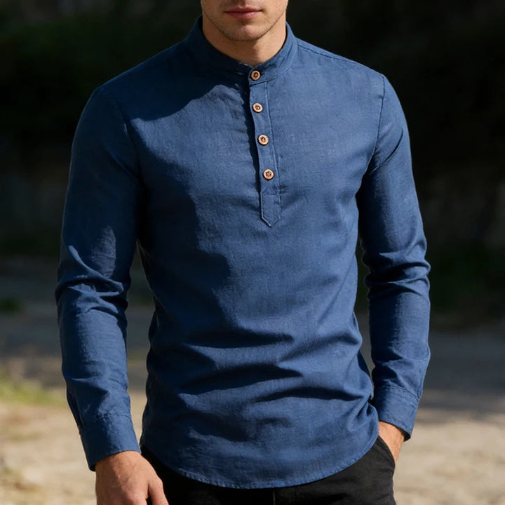 Modern Slim-Fit Cotton Shirt with Stand-Up Collar