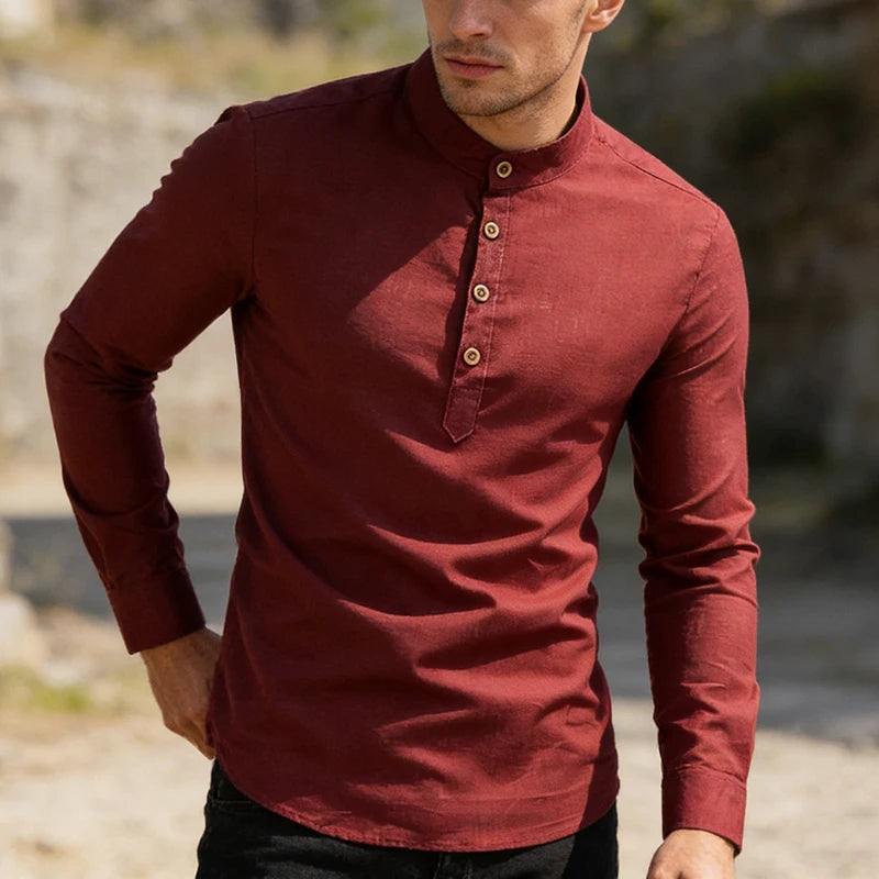 Modern Slim-Fit Cotton Shirt with Stand-Up Collar