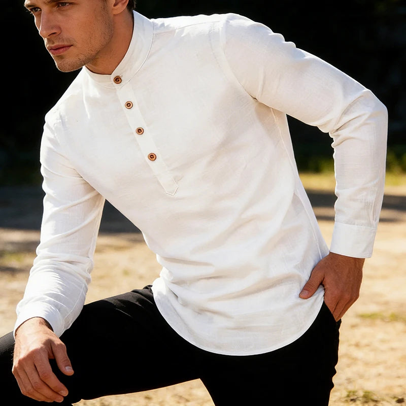 Modern Slim-Fit Cotton Shirt with Stand-Up Collar