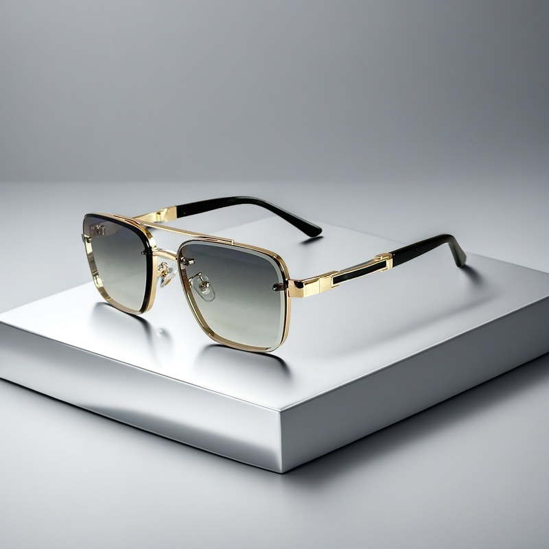 A pair of aviator-style sunglasses with a gold-tone metal frame and gradient lenses.
