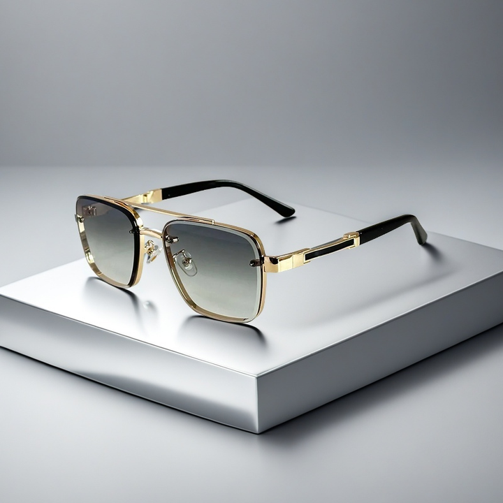 A pair of aviator-style sunglasses with a gold-tone metal frame and gradient lenses.