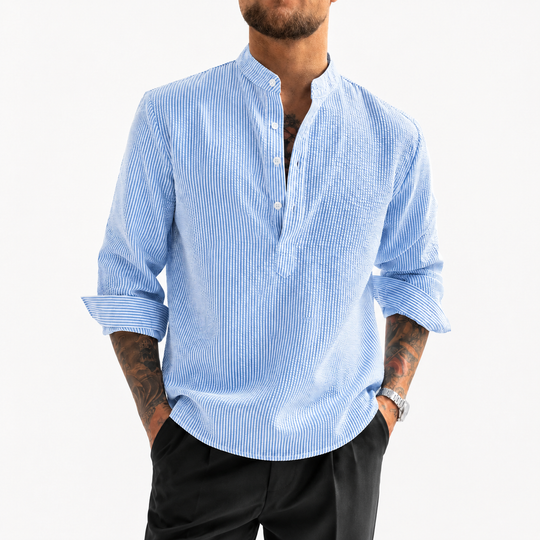Sorrin woven stripe shirt with band collar and relaxed long sleeves