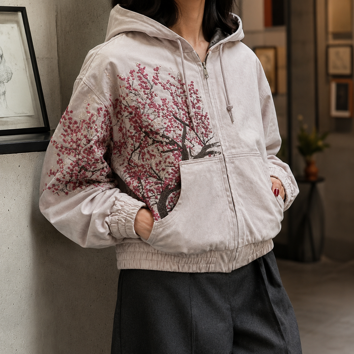 Unisex cotton blend zip-up hoodie with blossom artwork