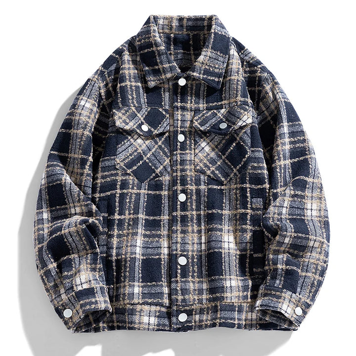 Unisex plaid collar shirt jacket with loose midweight layering fit
