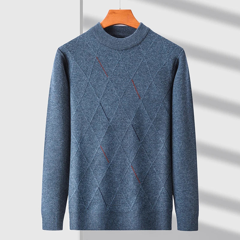 Men's merino wool diamond-knit sweater with ribbed cuffs