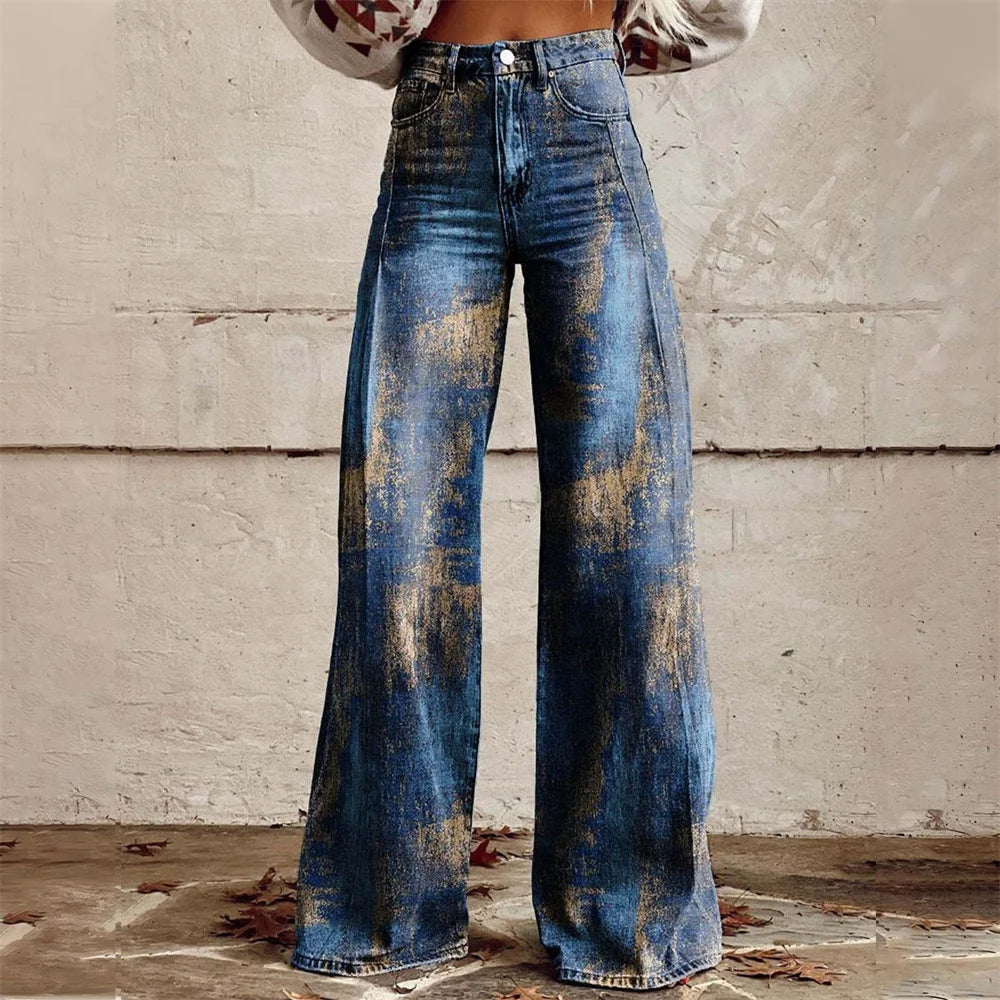 Women's high-waist flared jeans with statement print