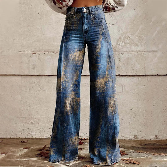 Women's high-waist flared jeans with statement print