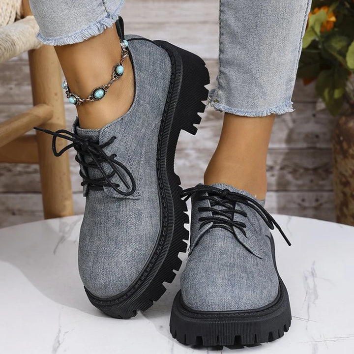 Women's fabric patchwork loafers with platform lace-up sole