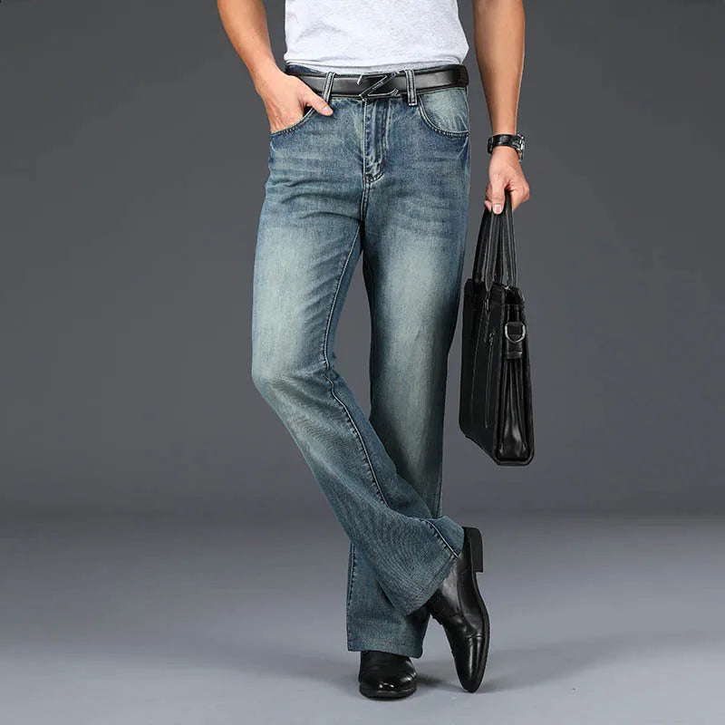 Men's faded black flared jeans with retro denim silhouette