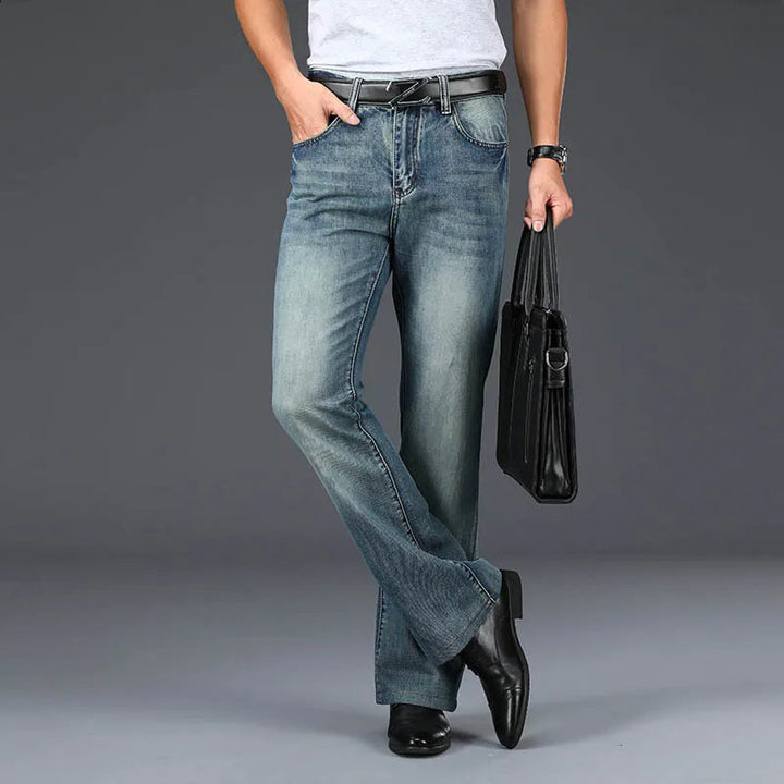 Men's faded black flared jeans with retro denim silhouette