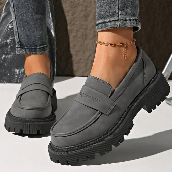 Women's faux suede platform loafers with rounded toe shape
