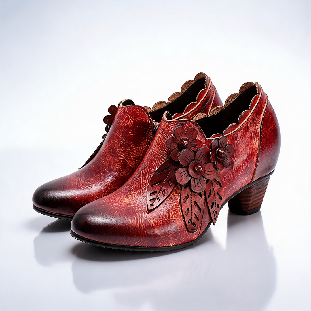 Women's Floral Leather Ankle Boots | Elegant Vintage Everyday Style 0