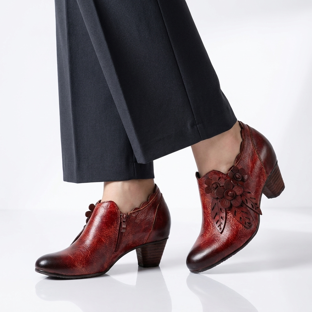 Women's Floral Leather Ankle Boots | Elegant Vintage Everyday Style 1