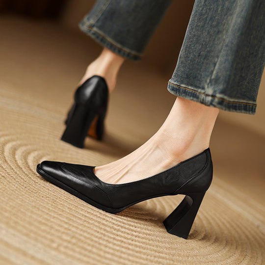 Women's leather block heel pumps with cushioned footbed