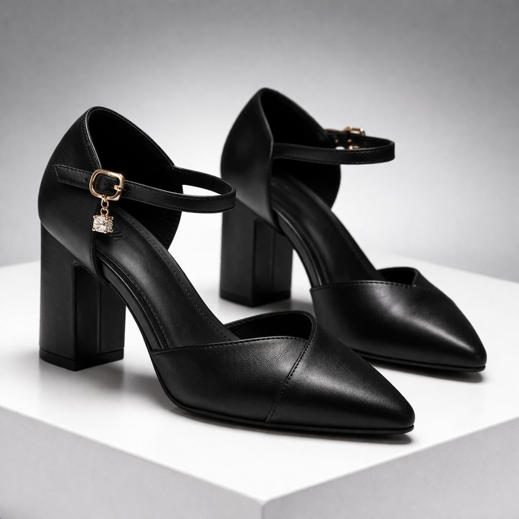 Women's Italian leather block heel pumps with pointed toe