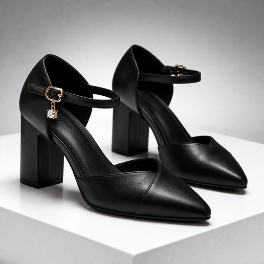 Women's Italian leather block heel pumps with pointed toe
