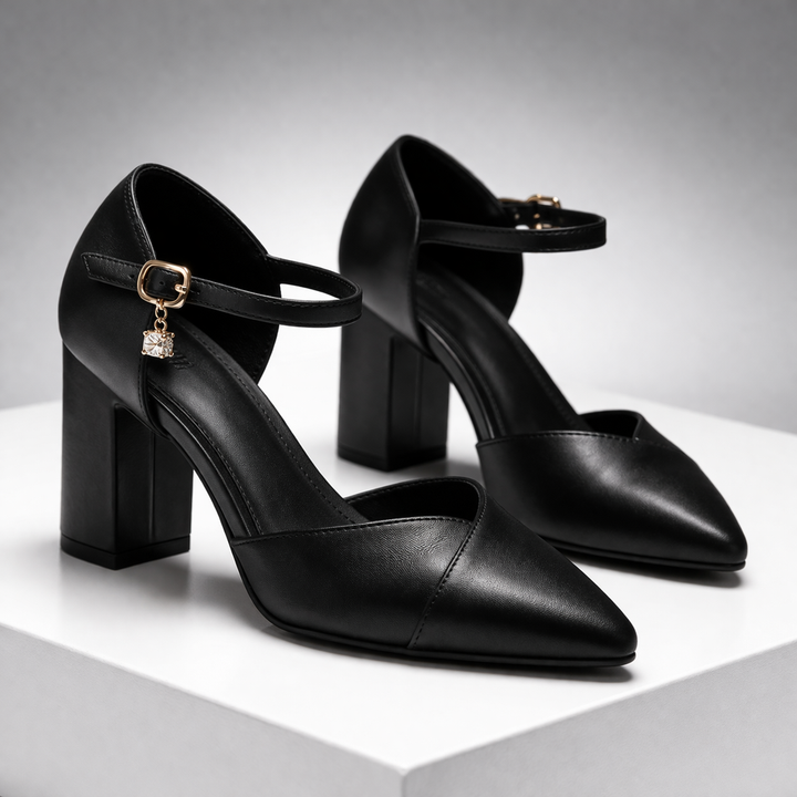 Women's Italian leather block heel pumps with pointed toe