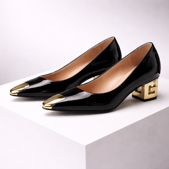 Women's Italian leather block heel pumps with gold heel detail