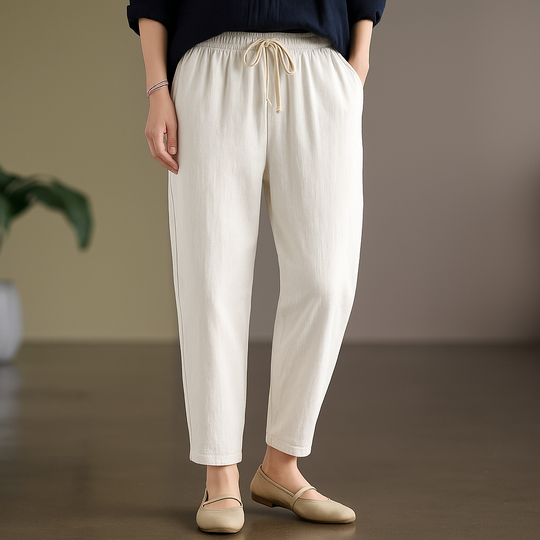 Women's linen cotton blend trousers with drawstring waist