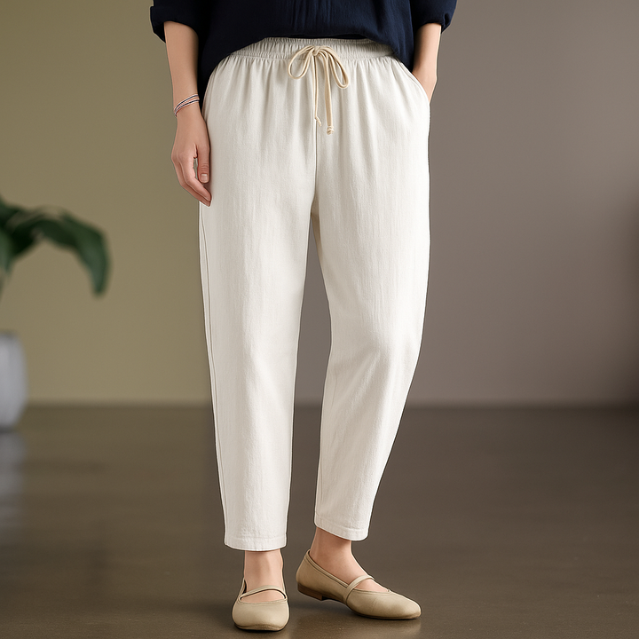 Women's linen cotton blend trousers with drawstring waist