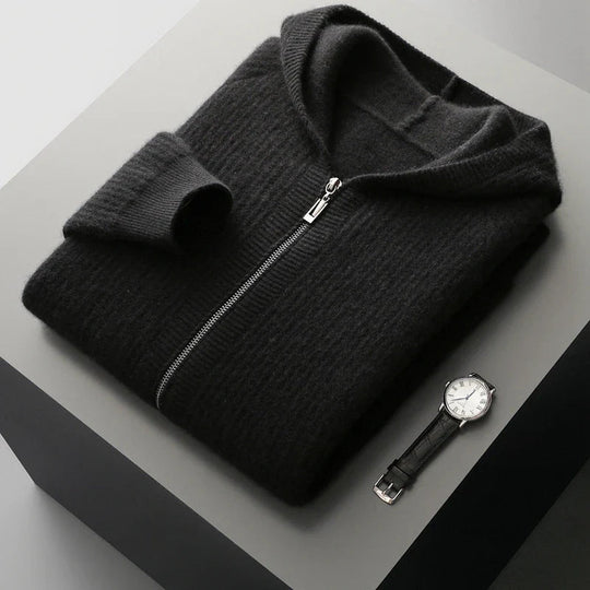 Men's merino wool hooded cardigan with soft structured knit