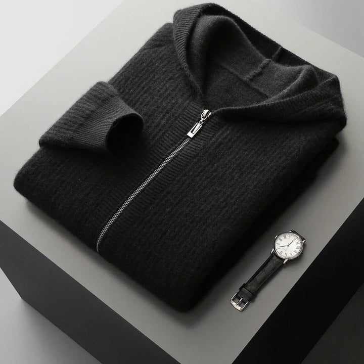 Men's merino wool hooded cardigan with soft structured knit