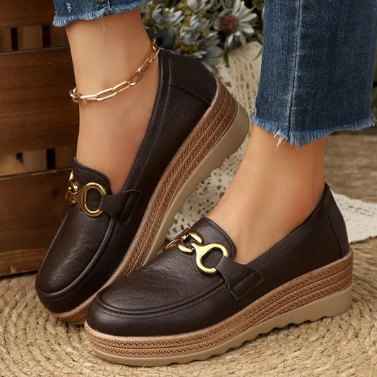 Women's PU platform loafers with wedge sole and metal detail