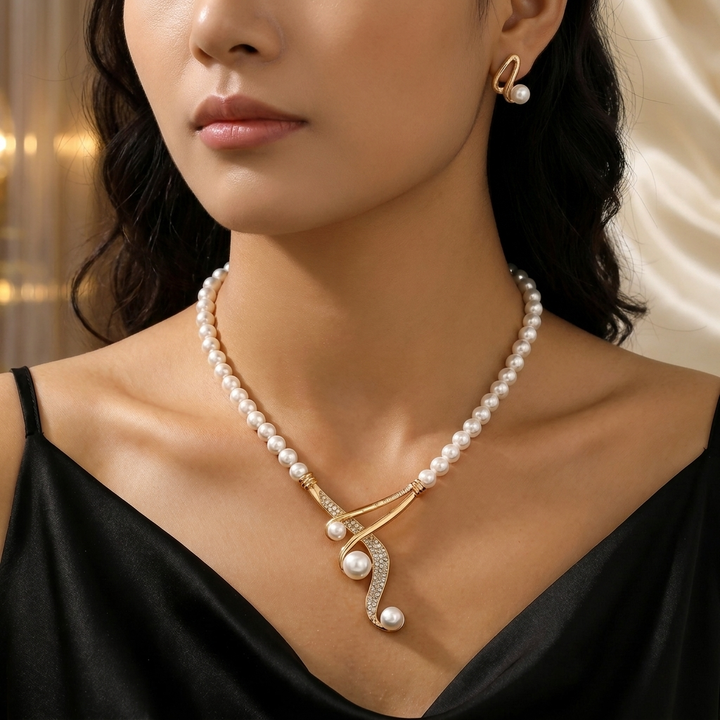 Women's Pearl Necklace and Earring Set | Timeless Sculptural Elegance 3