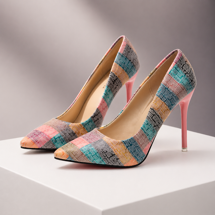 Women's Printed Leather Pointed Toe Heels | Bold Mosaic Elegance 3