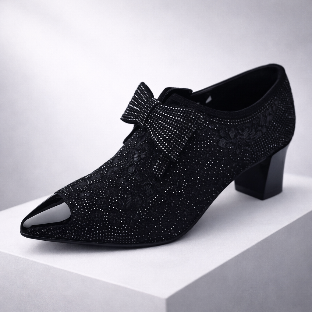 Women's Rhinestone Block Heels | Elegant Statement Bow Design 0