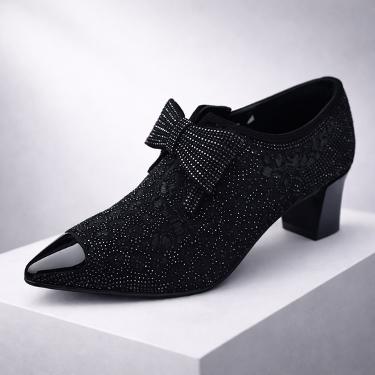 Women's Rhinestone Block Heels | Elegant Statement Bow Design 0